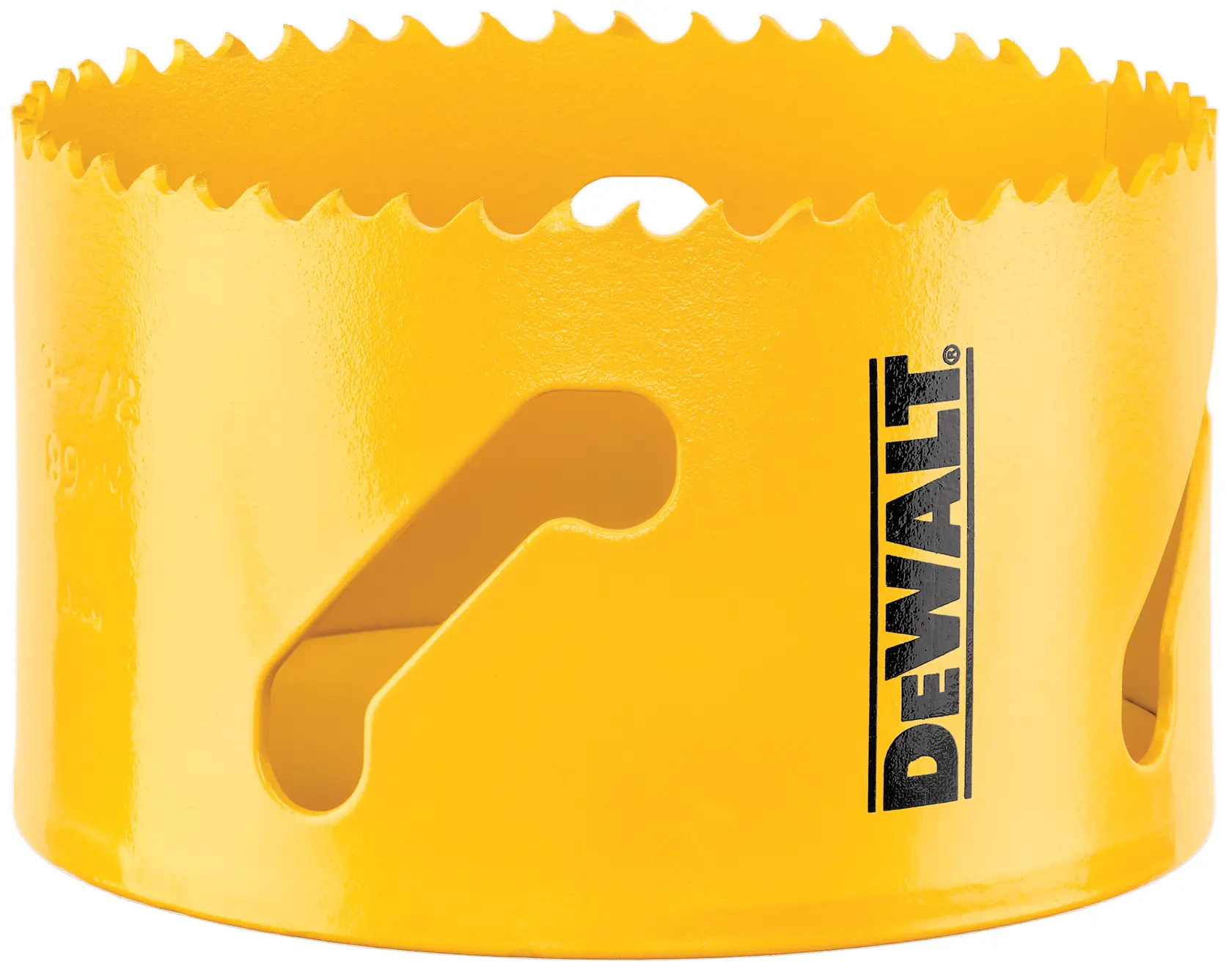 DEWALT hole saw DT90338, DT90338-QZ, yellow, serrated edge. Photography category.