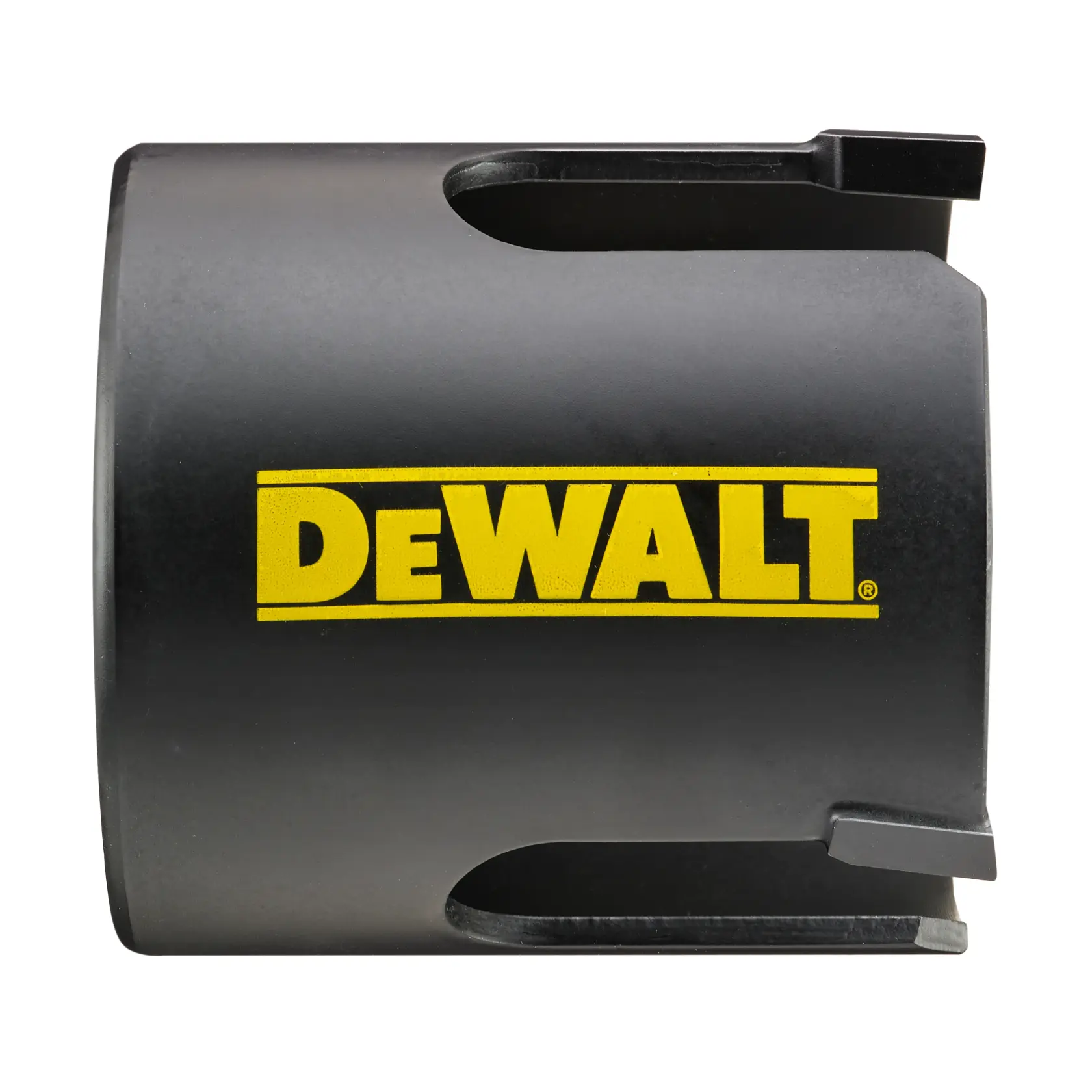 Una sierra de corona negra DEWALT con el logotipo amarillo DEWALT impreso en el lateral, fotografiada sobre un fondo blanco.