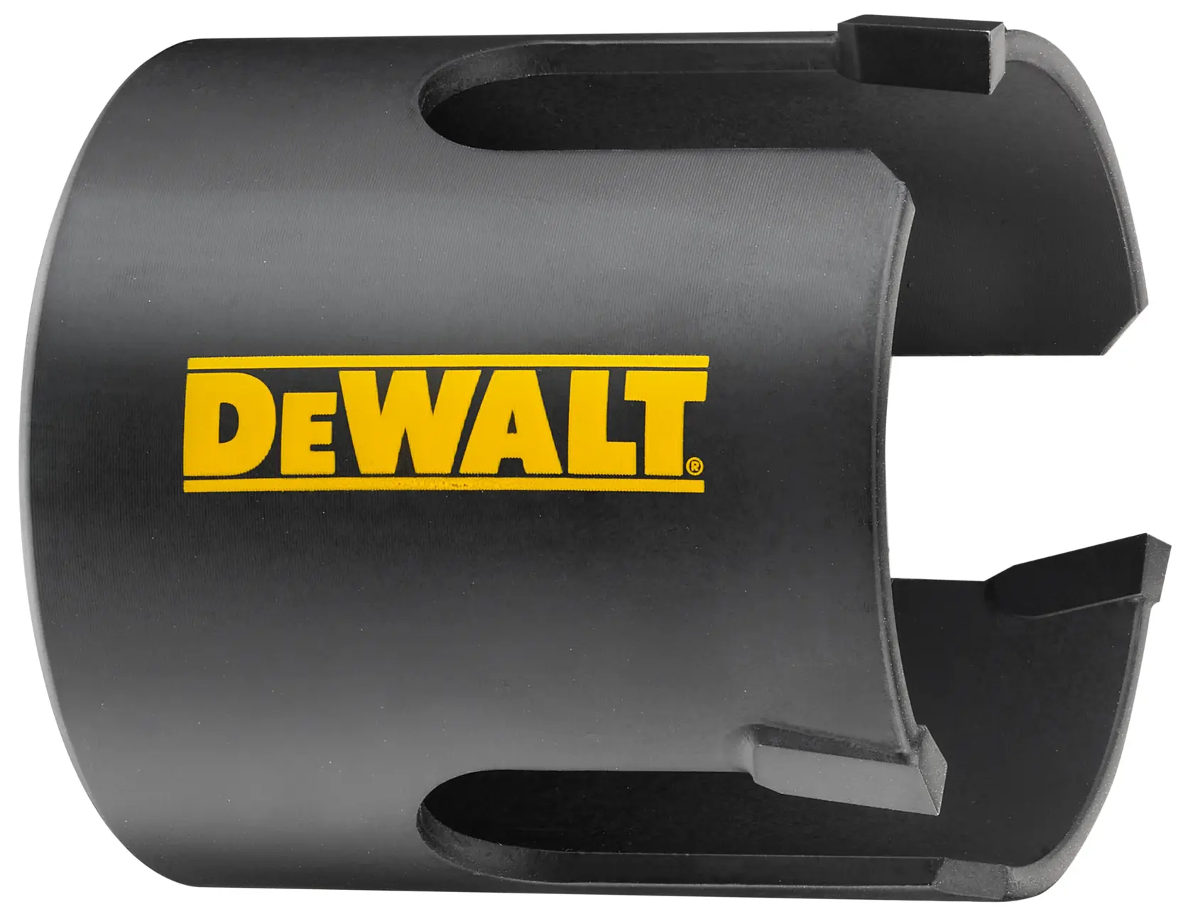 Sierra de corona negra DEWALT, fotografía, SKUs DT90401, DT90401-QZ, diseño cilíndrico abierto.