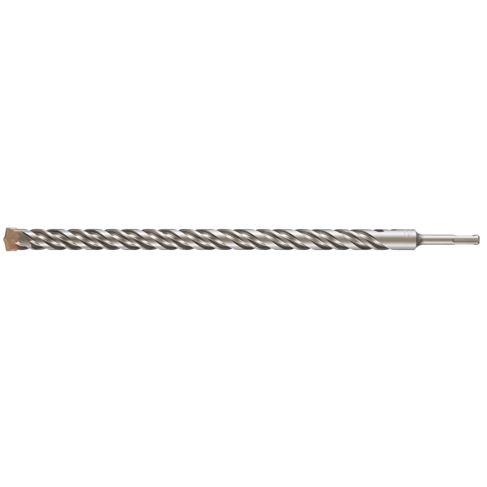Broca espiral larga DEWALT para taladro rotativo, ideal para perforar mampostería, sobre fondo blanco.