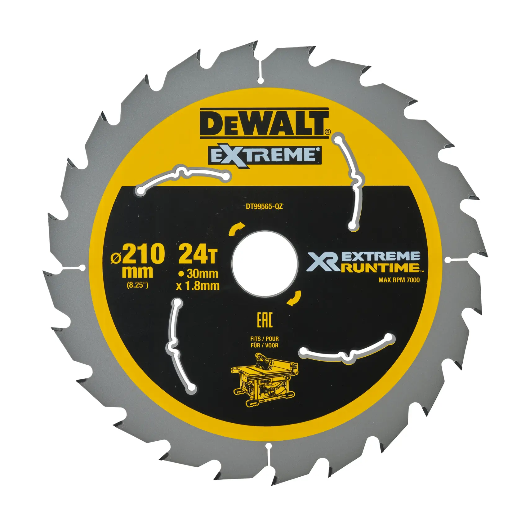 DEWALT DT99565 circular saw blade, 210mm diameter, 24 teeth, for woodworking, XR Extreme Runtime series.