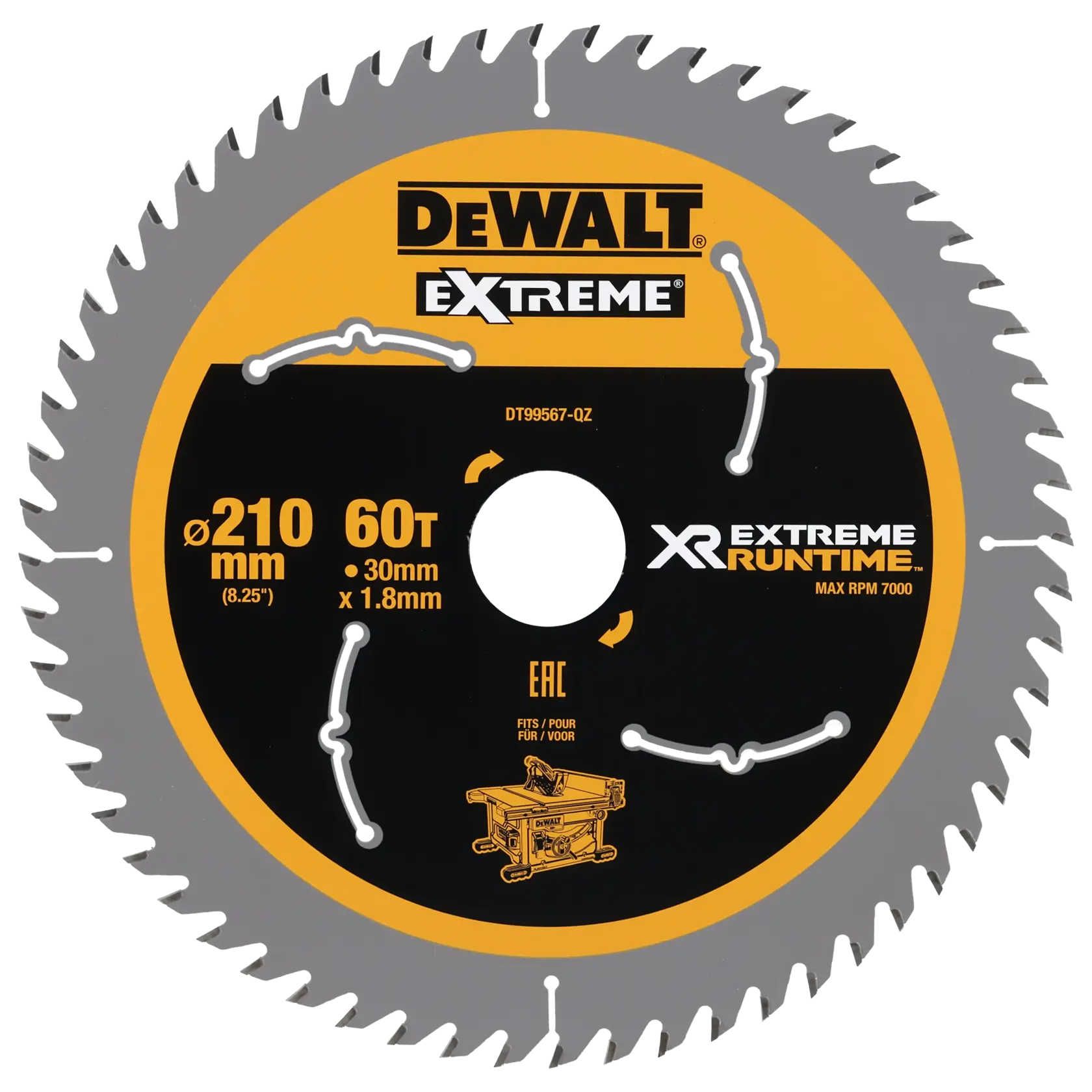 DEWALT DT99567 circular saw blade, 210mm, 60 teeth, for XR EXTREME RUNTIME, suitable for cutting wood.