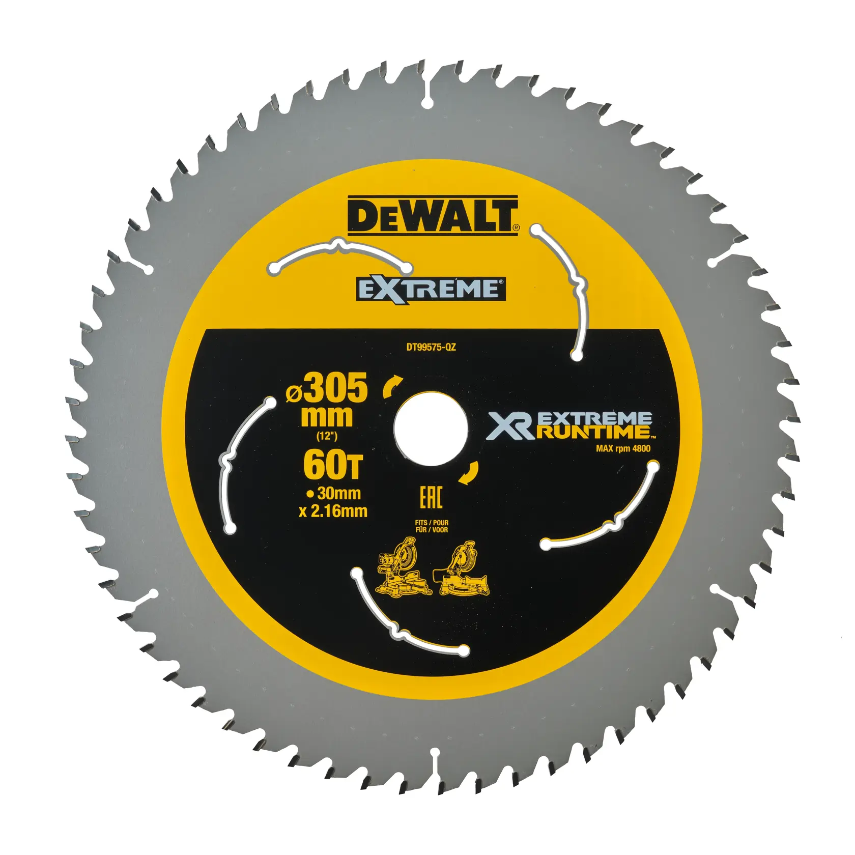 DEWALT Extreme XR circular saw blade with 60 teeth, 305mm diameter, and 30mm x 2.16mm size. The blade is silver with a yellow and black center, suitable for woodworking and power saws.