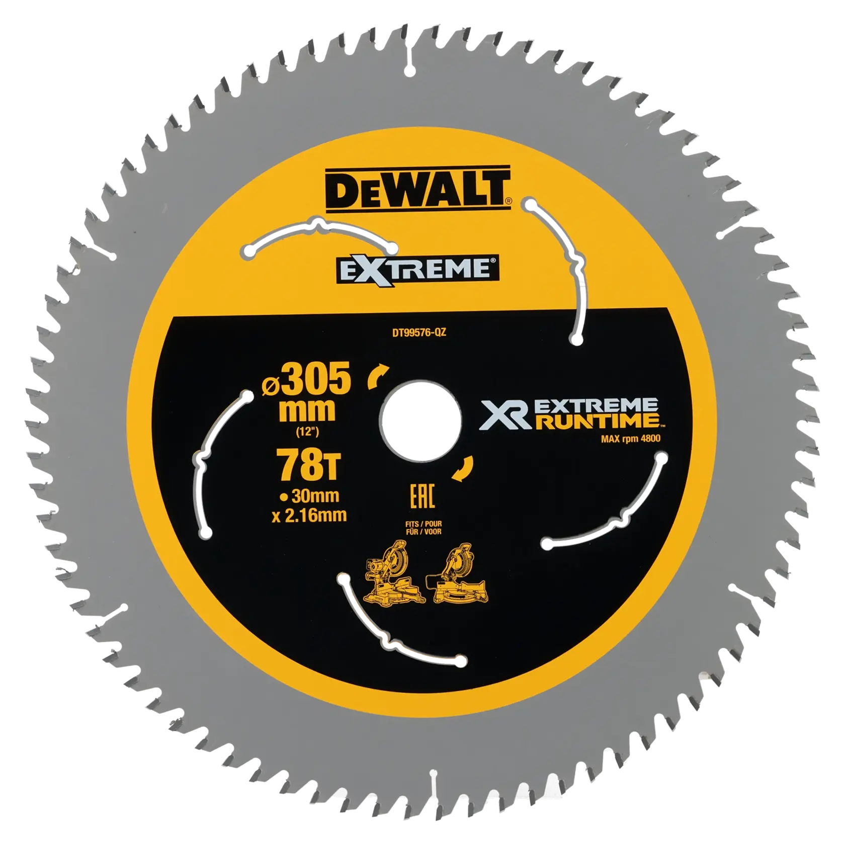 DEWALT saw blade, SKUs DT99576 and DT99576-QZ, 305mm, 78T, for extreme runtime.