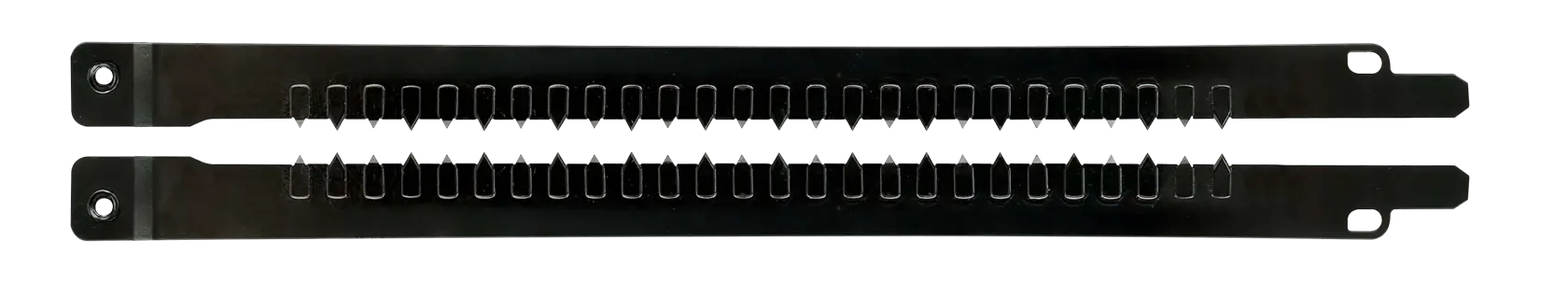 Two black DEWALT metal strips with evenly spaced slots, laid side by side on a white background.
