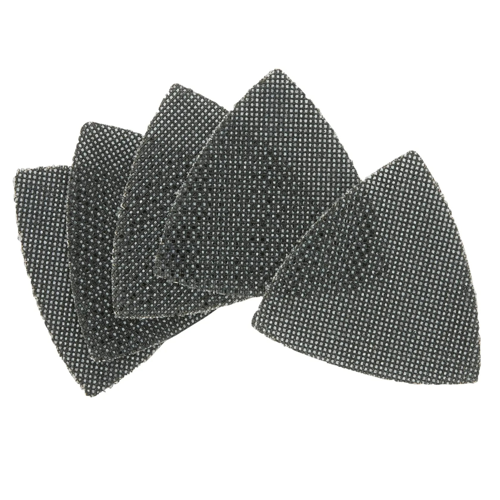 Set of five DEWALT mesh sanding sheets arranged in a fan pattern, trapezoid shape, black color.