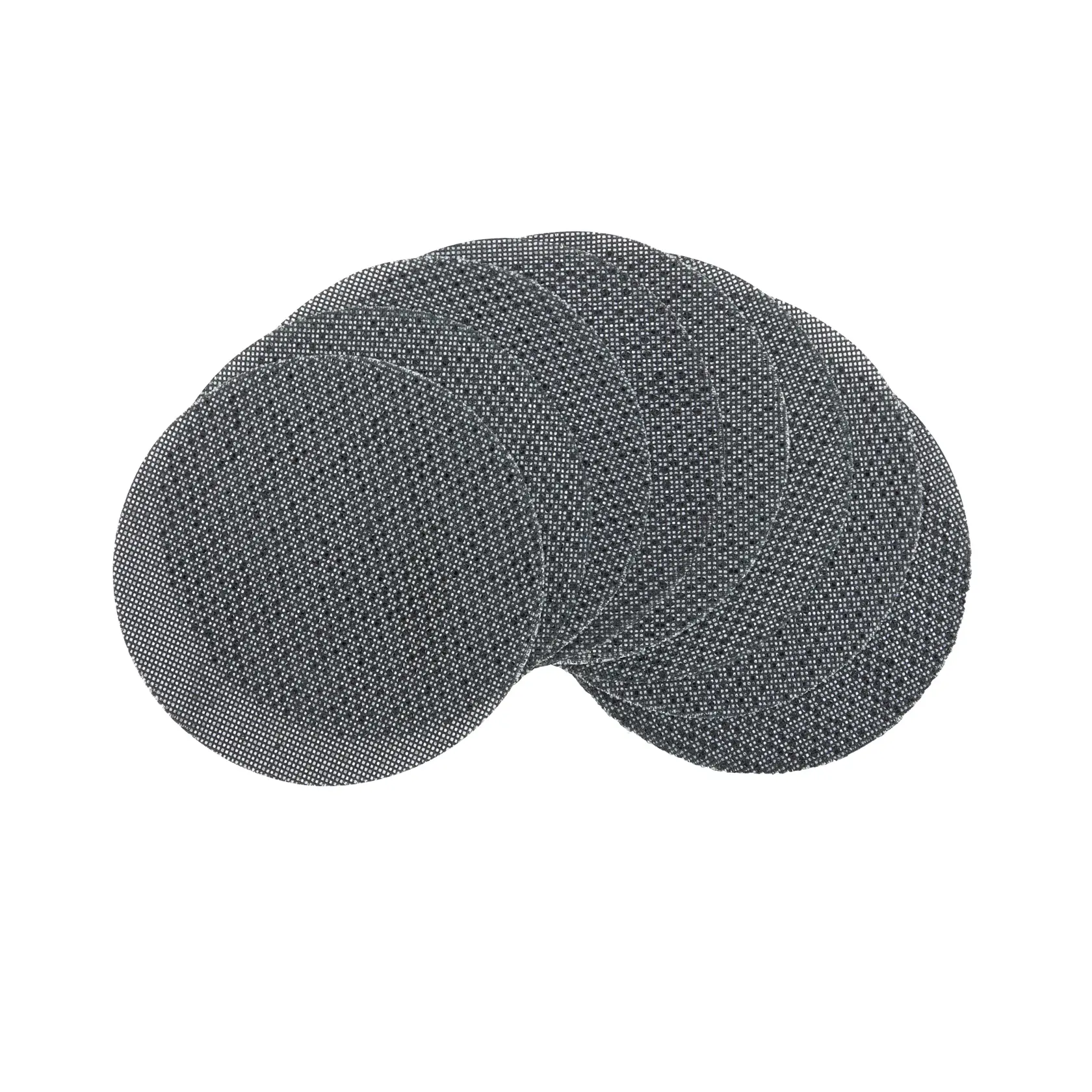 Several round mesh sanding discs arranged in a fan shape, used for surface finishing and smoothing.