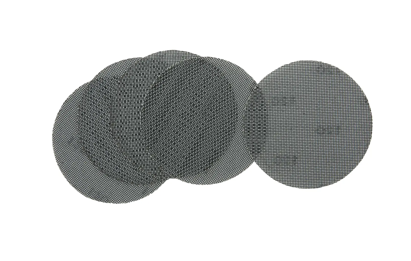 Stack of DEWALT round sanding mesh discs for surface finishing, displayed on white background.