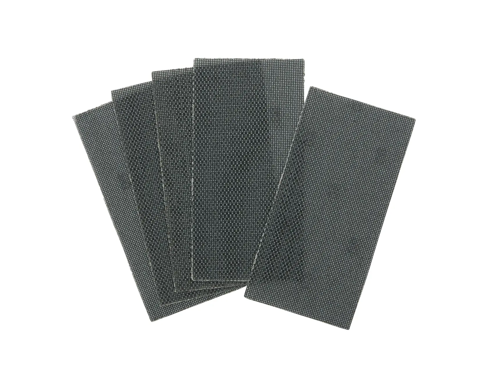 Set of five rectangular DEWALT abrasive mesh sanding sheets, arranged in a fanned-out formation on a white background.