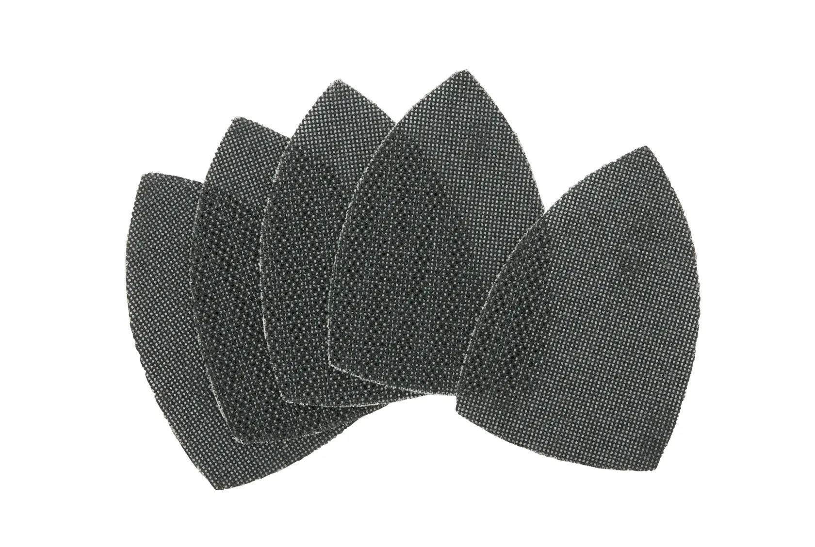 Five DEWALT mesh sanding sheets, black, fan-shaped and overlapping, suitable for precision sanding tasks.