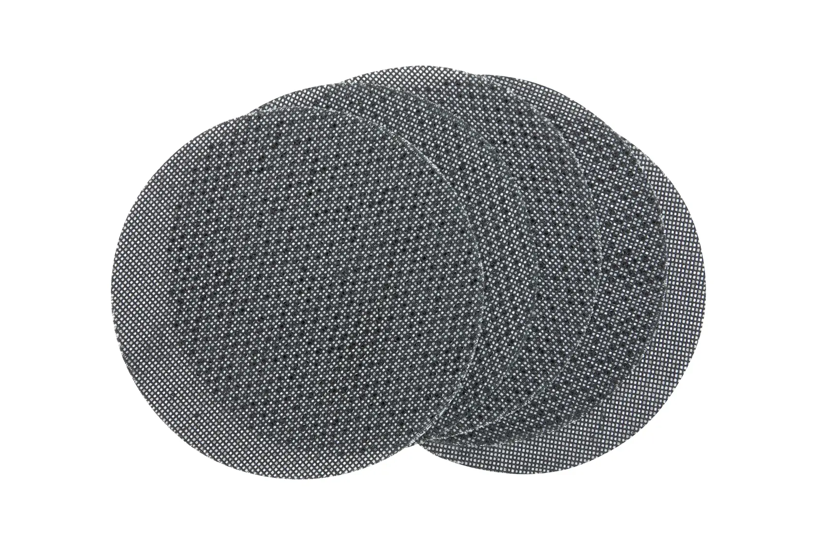 Three round mesh sanding discs, black, stacked together on a white background.