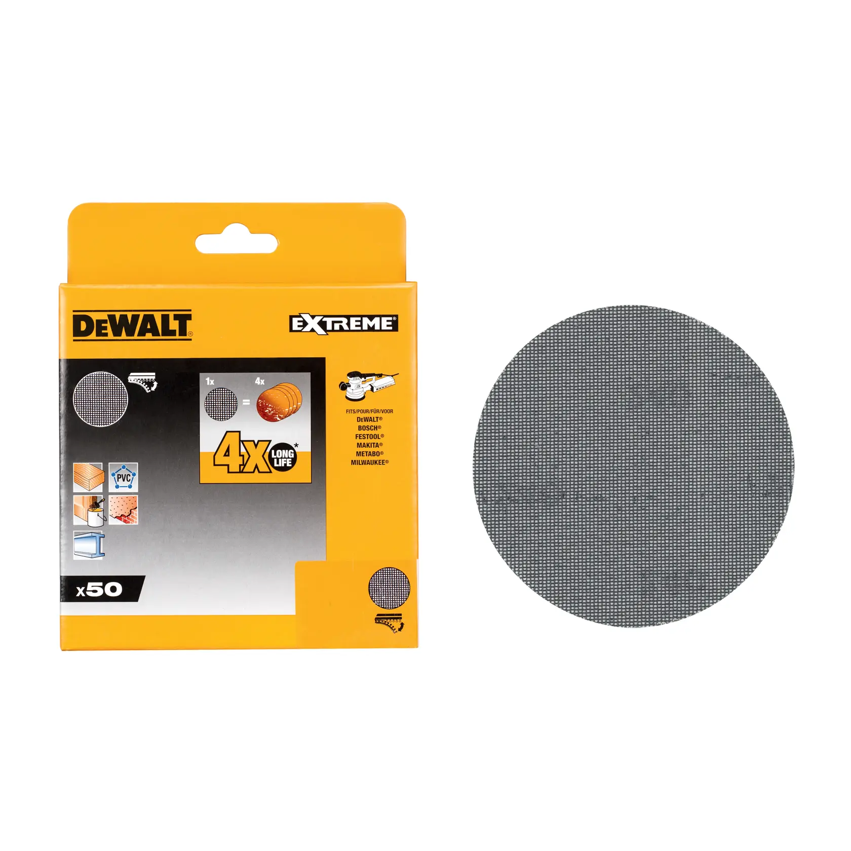 DEWALT Extreme abrasive sanding mesh discs box and one round disc for power tools.