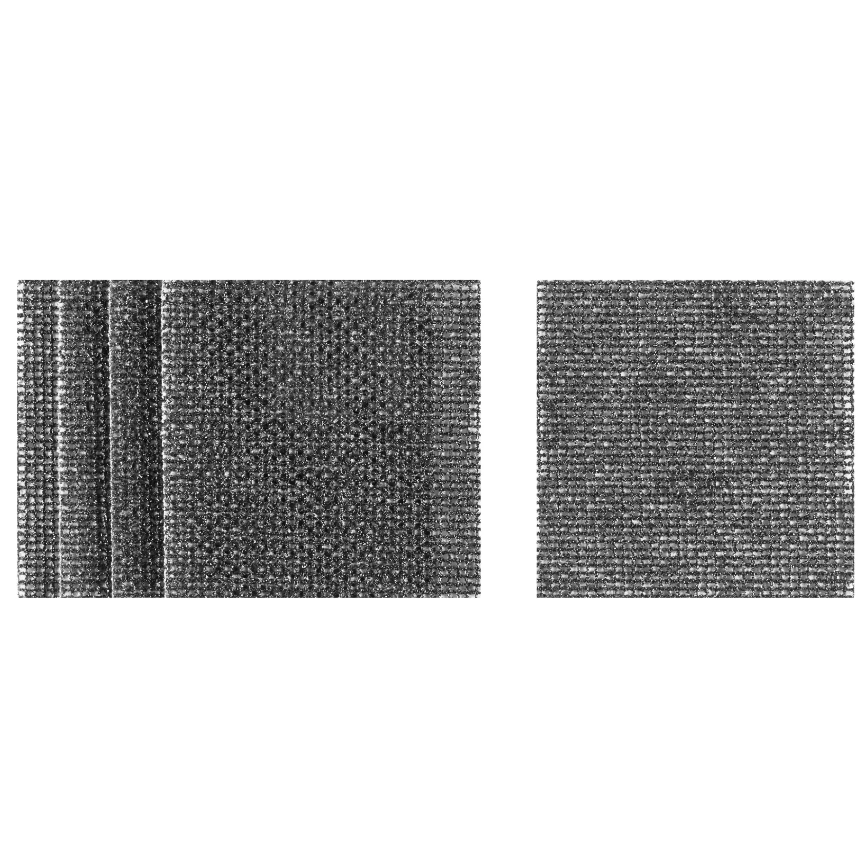 Two sets of square DEWALT sanding mesh sheets shown with textured surfaces, used for sanding and finishing.