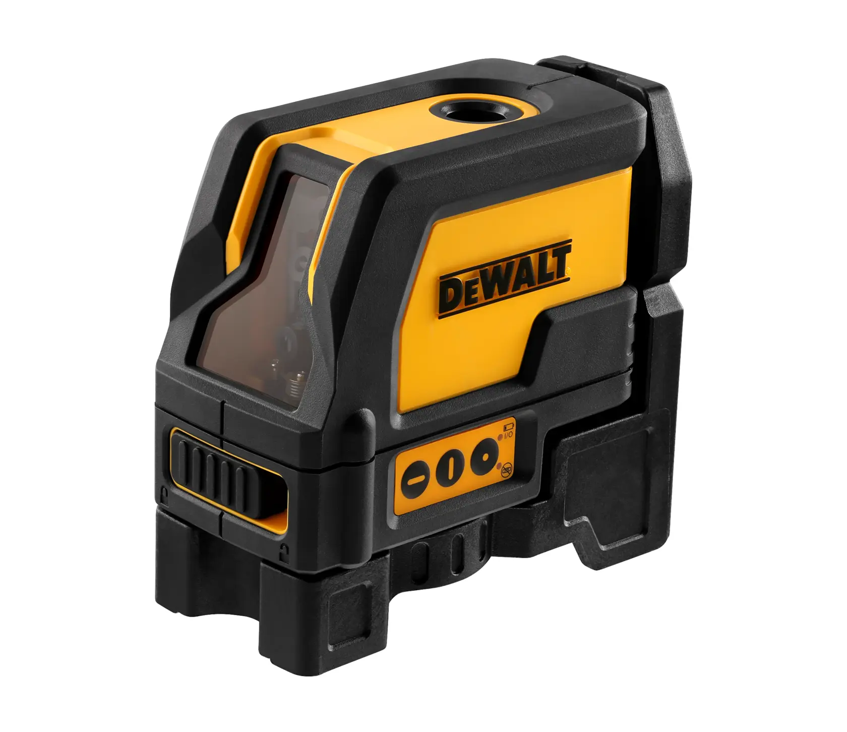 DEWALT DW0822 Kreuzlinienlaser in Gelb und Schwarz für präzises Ausrichten und Messen, Seitenansicht.