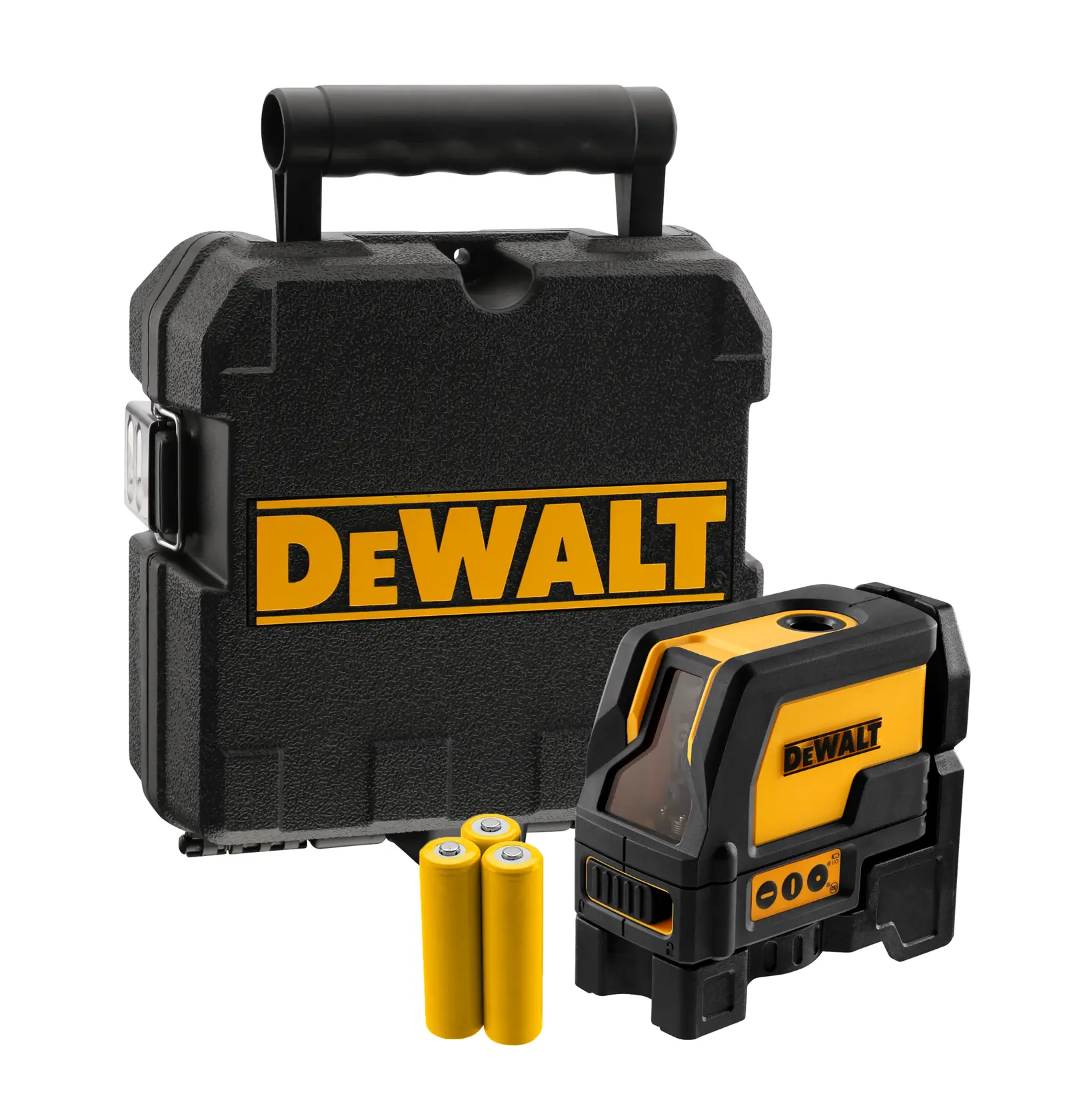 Ein schwarz-gelbes DEWALT-Laser-Nivelliergerät-Set mit einem robusten Transportkoffer, einem Laser-Nivelliergerät und zwei gelben Batterien.