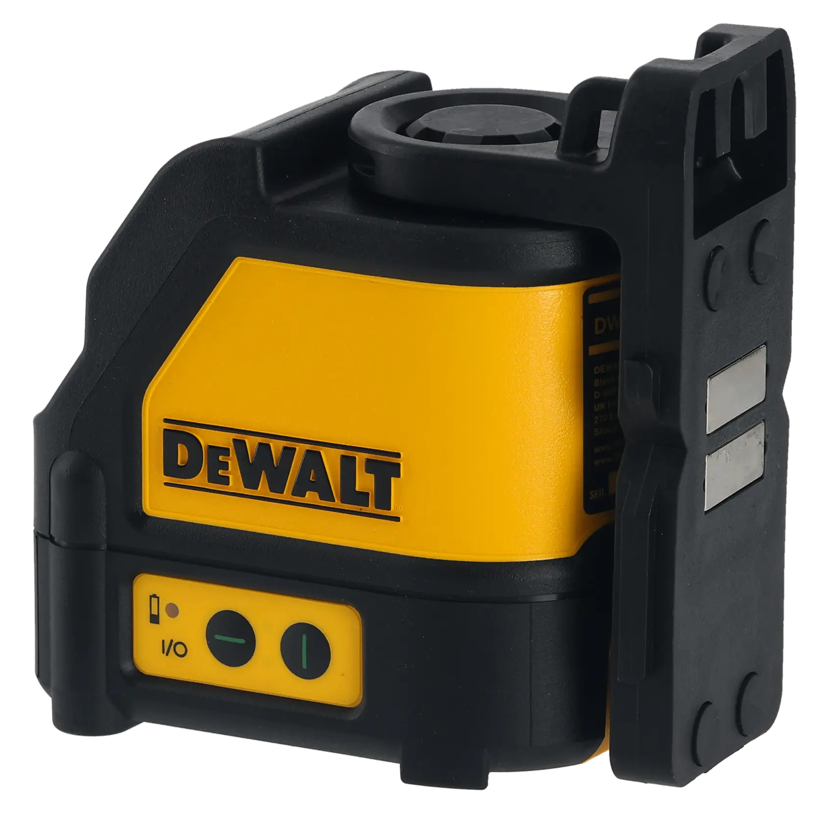 DEWALT gelb-schwarzes Laser-Wasserwaage mit Tasten und Magneten, zum Ausrichten beim Fotografieren und Bauen.