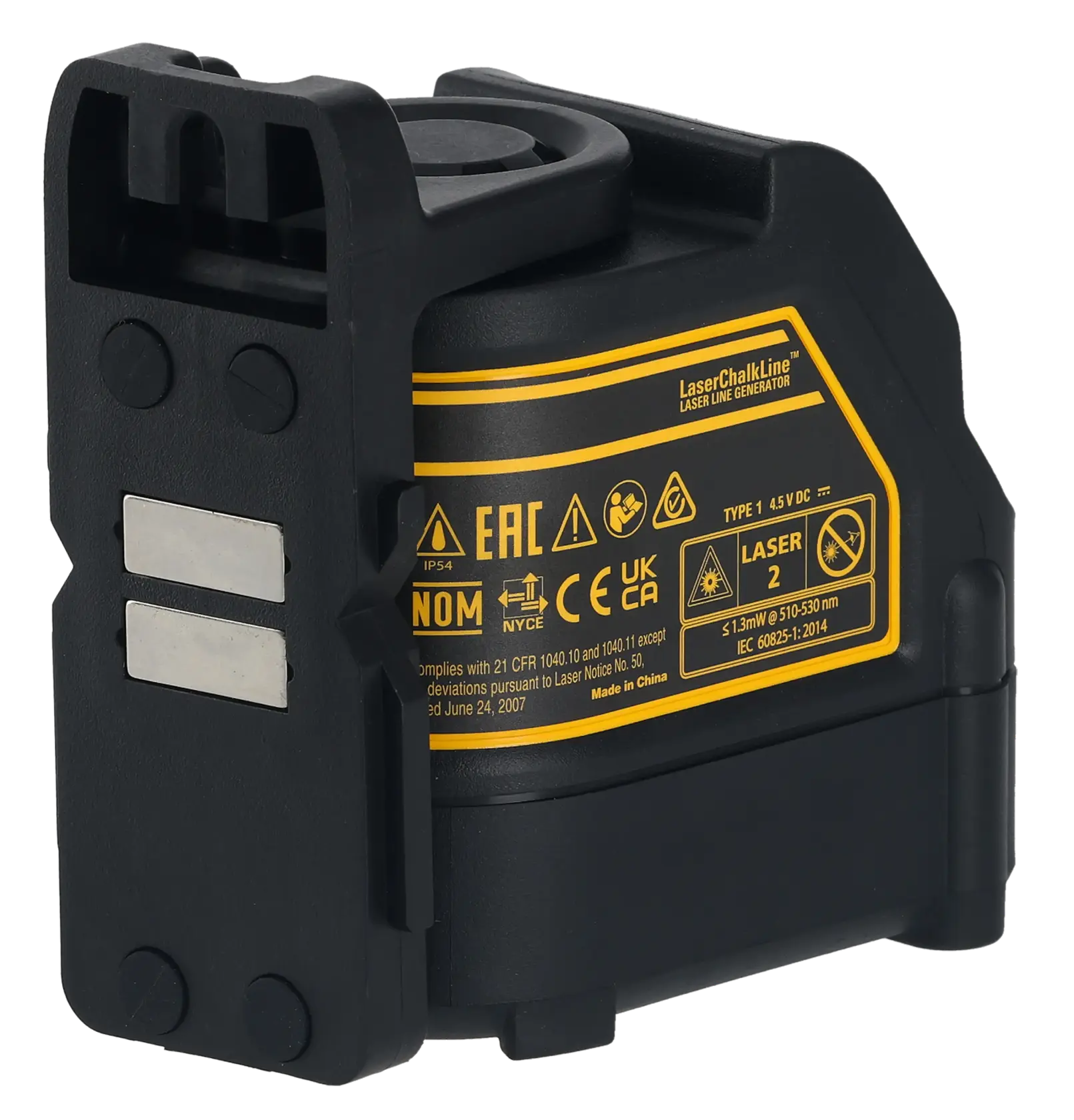 DEWALT Laserliniengenerator in Schwarz-Gelb mit Warnhinweisen und Montagehalterung für genaue Messungen.