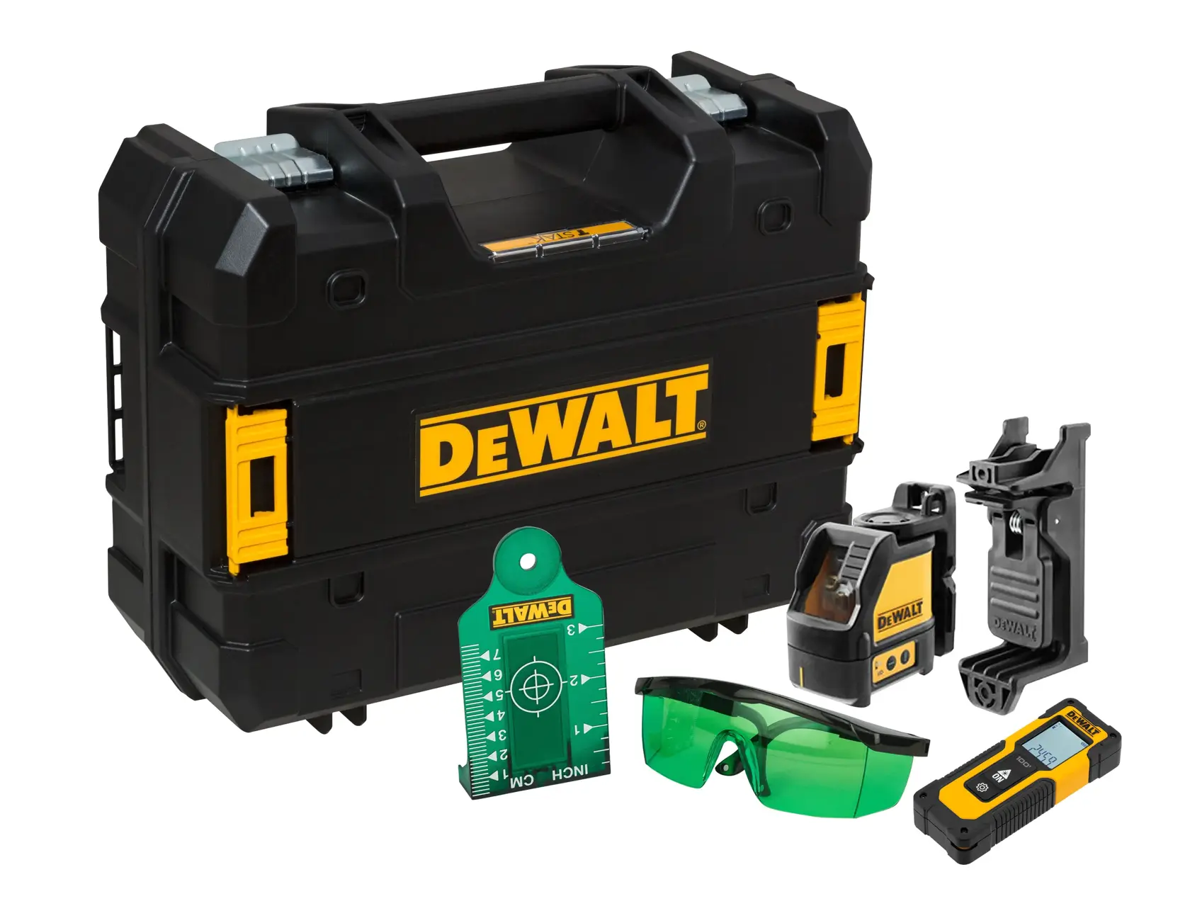 DEWALT Fotografie-Set mit schwarzem Koffer, Laser, grüner Brille, Detektor, Halterung und Messwerkzeugen.