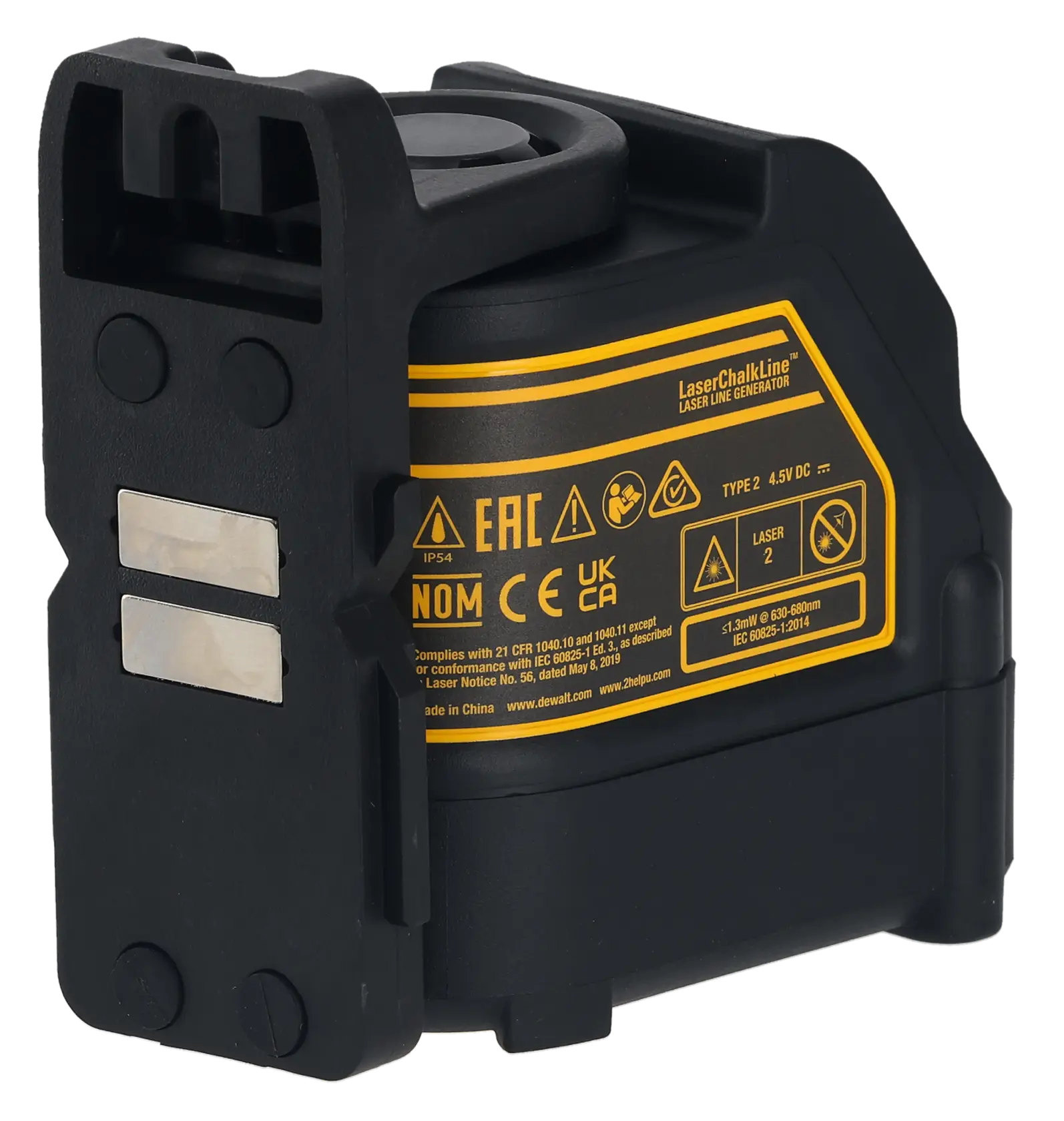 Generador de línea láser DEWALT DW088K negro con etiquetas amarillas e información de seguridad.