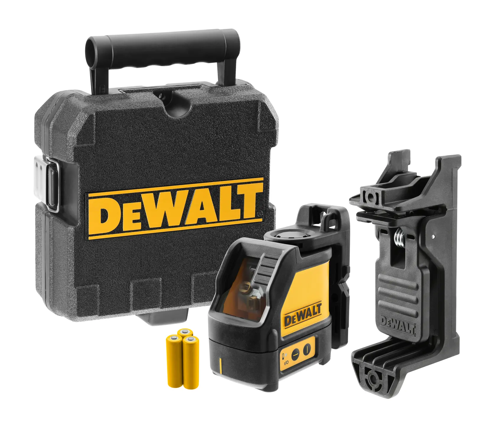 Kit de nivel láser de líneas cruzadas DEWALT DW088K, que incluye un estuche negro con el logotipo DEWALT, dos pilas amarillas, el dispositivo de nivel láser y un soporte de montaje negro.
