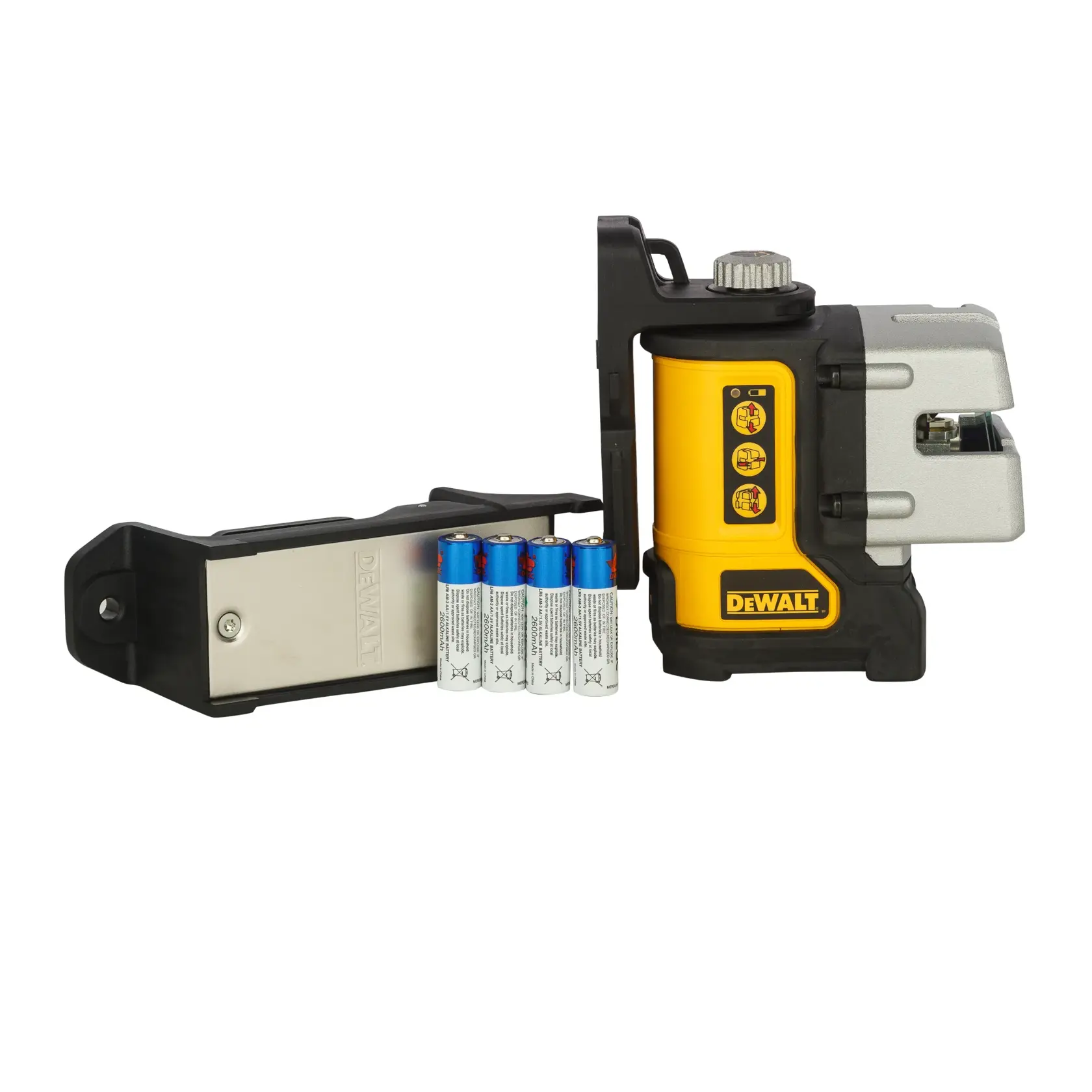 A DEWALT DW089K self-leveling line laser placed on a construction site floor, projecting a visible red laser line onto a metal track for precise alignment during building framing.