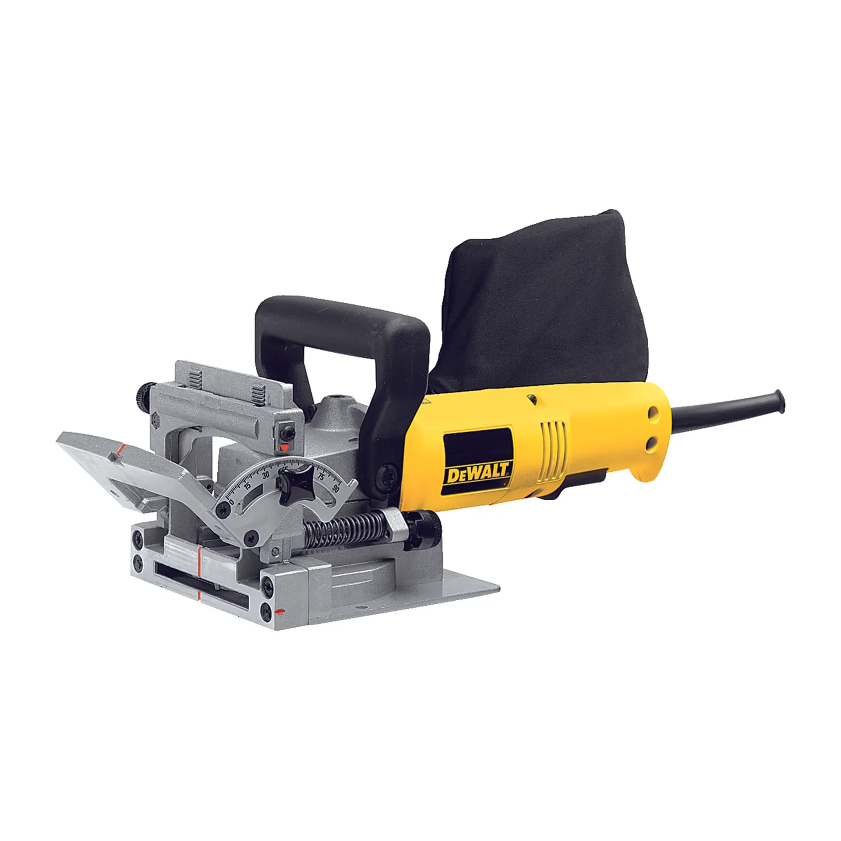 DEWALT woodworking tool DW682K-QS, DW682K shown. Yellow body, handle, dust bag. Photography category.