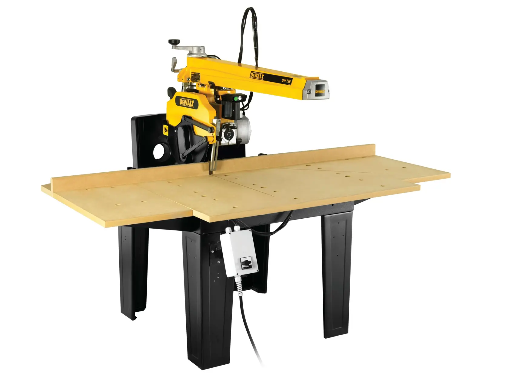DEWALT radial arm saw DW729KN with a large worktable and black metal legs, photographed against a white background.