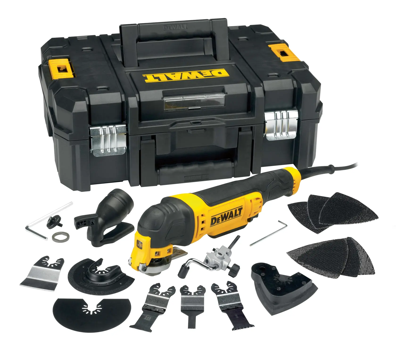 DEWALT DWE315KT oscillating multi-tool kit with black and yellow tool, assorted blades and attachments, sanding pads, and a sturdy black case.