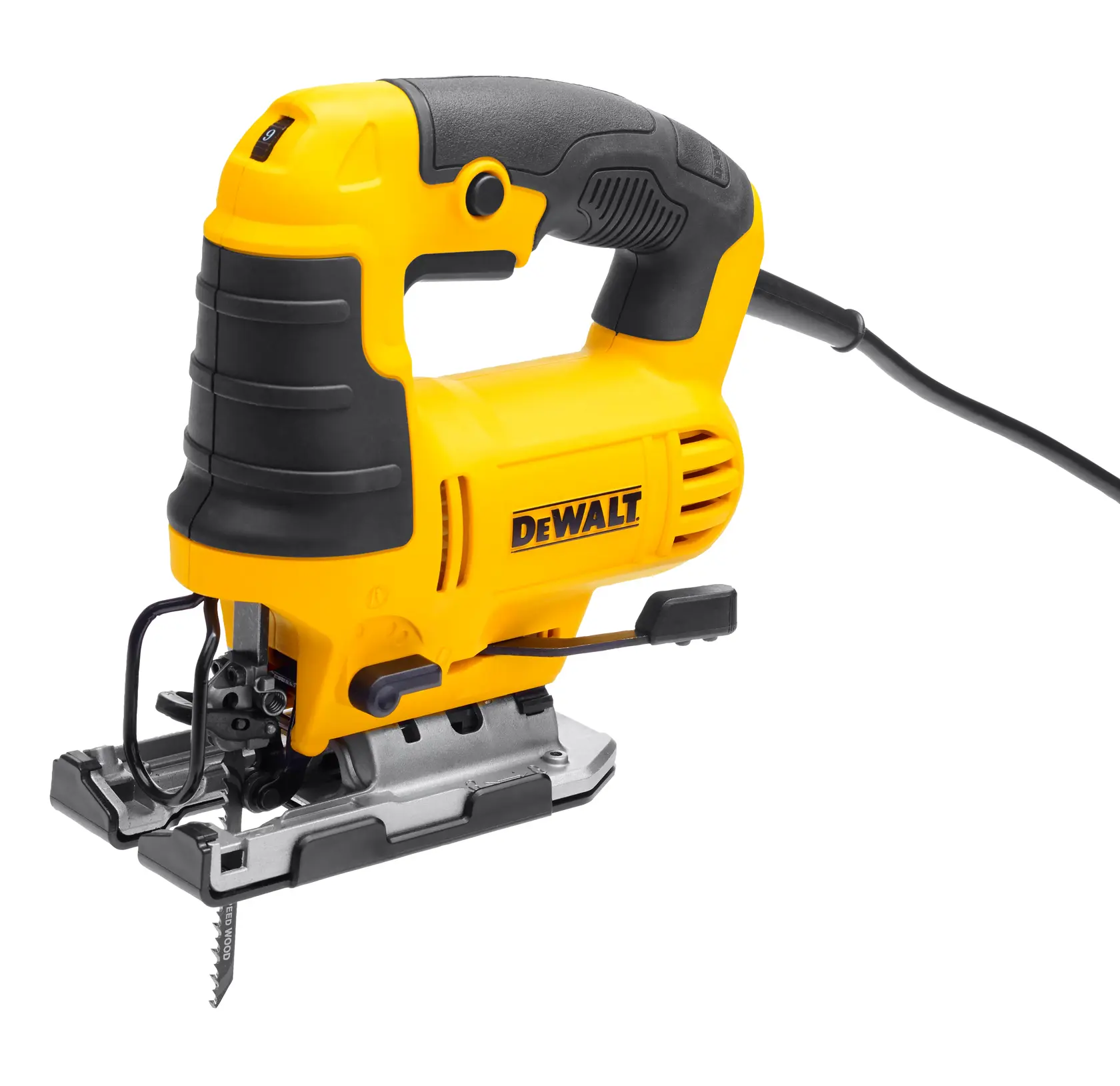 Photo of DEWALT DWE349 corded jigsaw, yellow and black handle, side angle, visible blade.