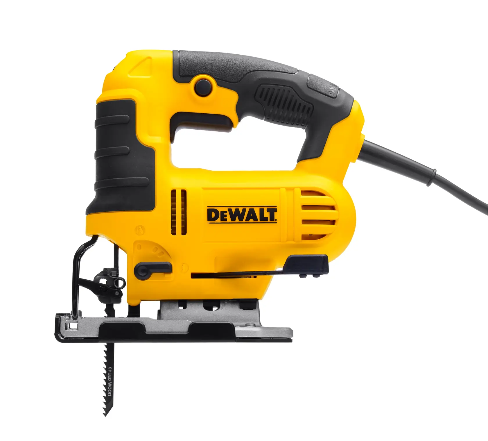 Photo of DEWALT DWE349 yellow and black corded jigsaw side view on white background.