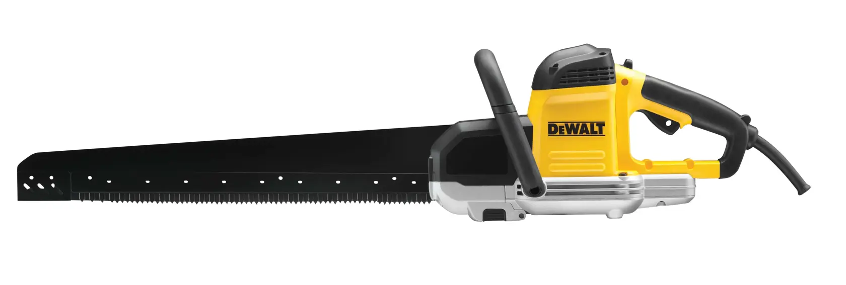 DEWALT DWE398 electric handsaw with extra-long blade, yellow and black design, power cord visible.