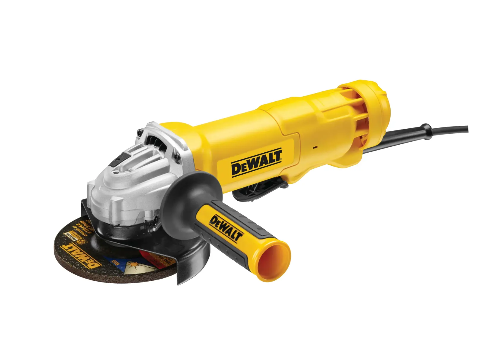 DEWALT DWE4203 yellow electric angle grinder with side handle and power cord.