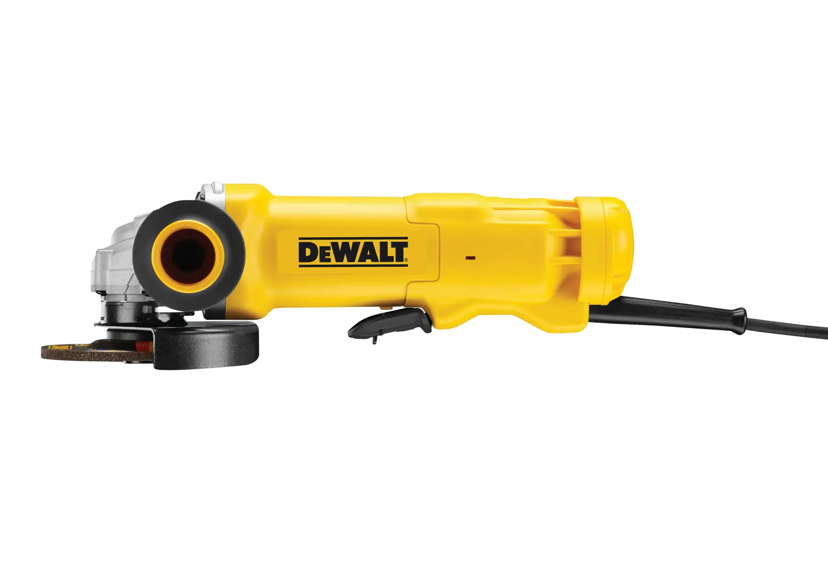 Yellow DEWALT angle grinder with cord, side view, model DWE4203 shown on white background.