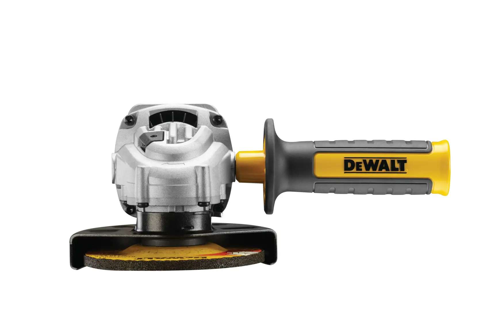 Front view of a DEWALT angle grinder with yellow and black handle, suitable for heavy-duty grinding tasks.