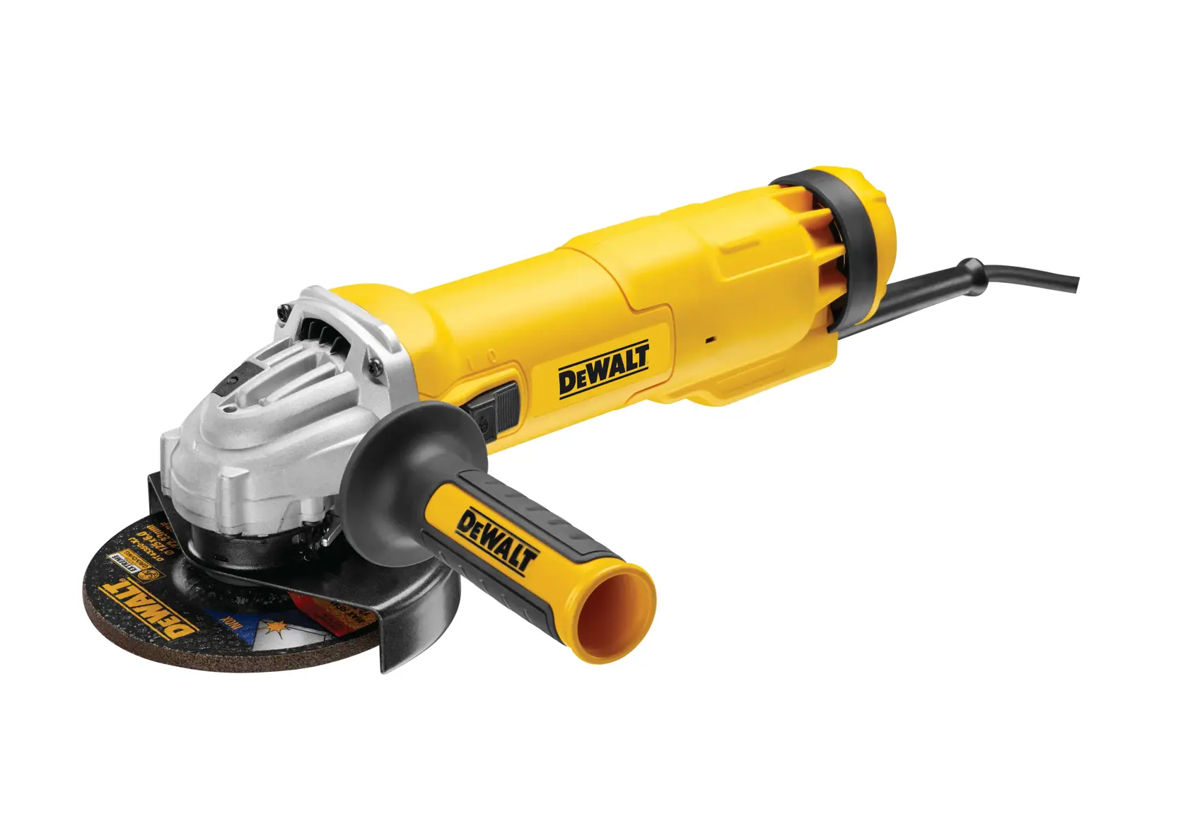 Yellow DEWALT angle grinder with side handle and power cord, shown on a white background.
