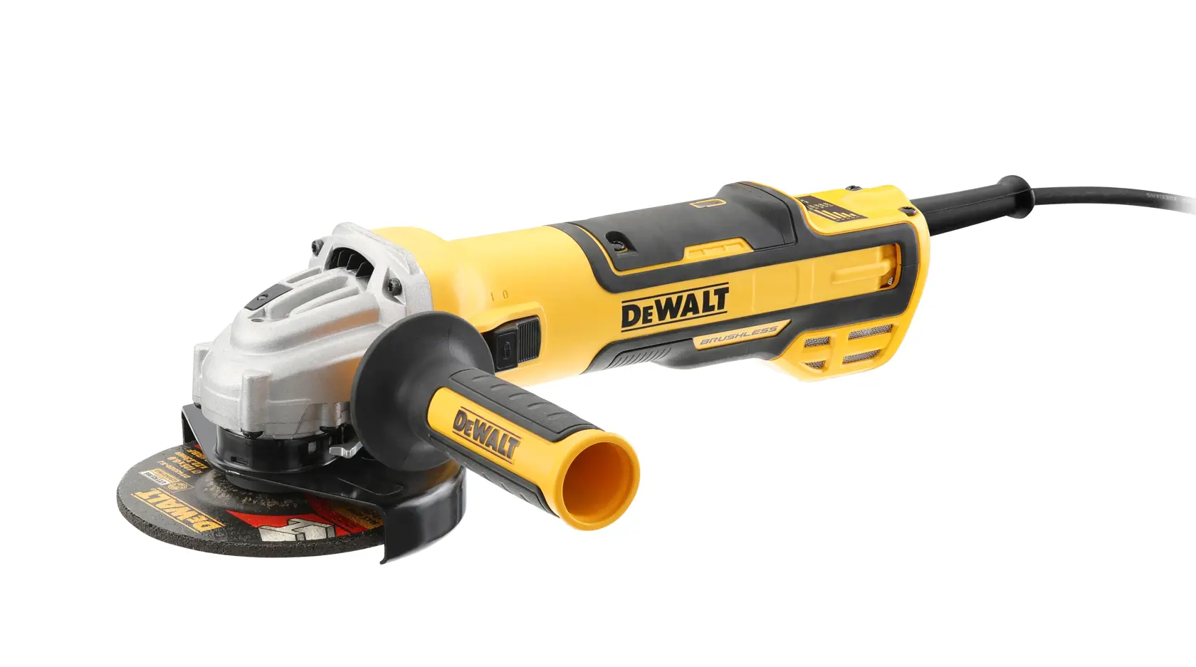 A DEWALT angle grinder, model DWE4357, shown on a white background. The tool is yellow and black with a side handle and a visible grinding disc. It is corded and designed for professional construction or metalworking tasks.