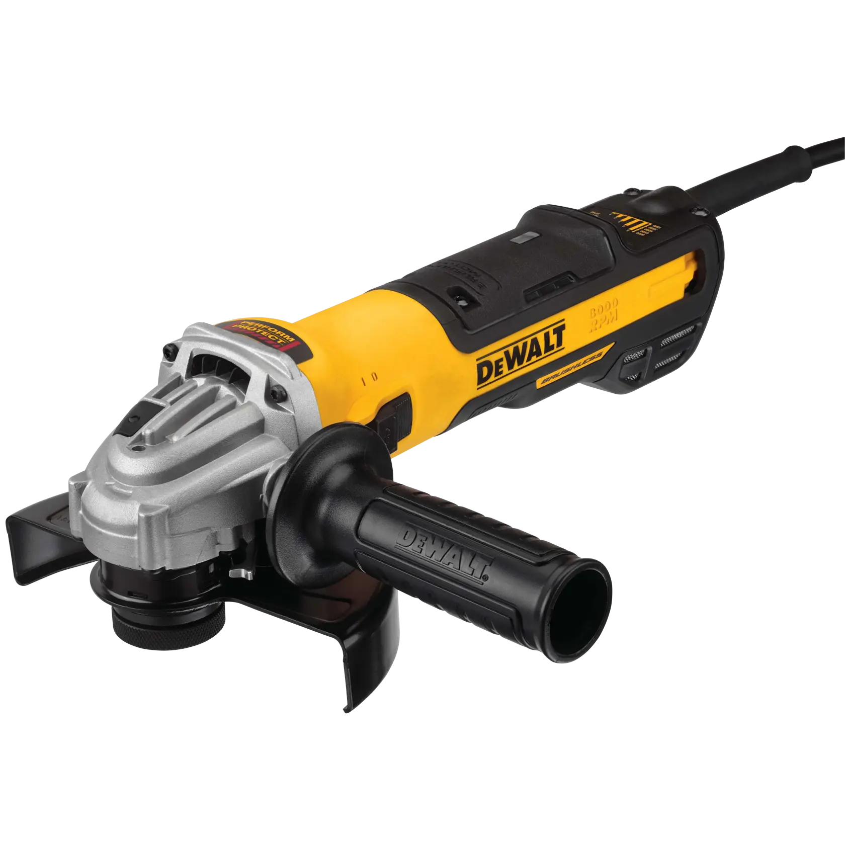 A DEWALT angle grinder with a yellow and black design, featuring a side handle, power cord, and visible guard around the grinding wheel.