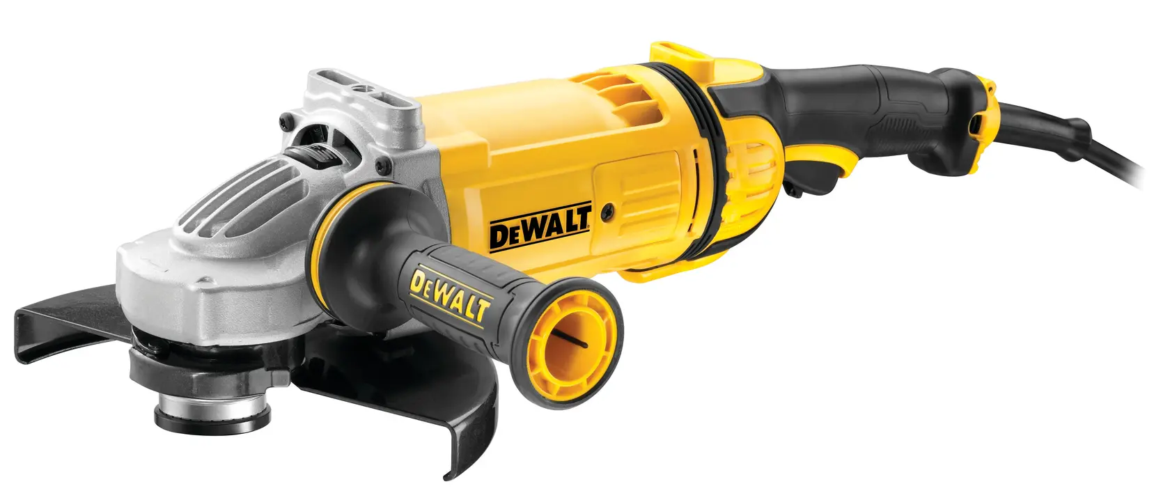 A yellow and black DEWALT angle grinder with a side handle, power cord, and protective guard.