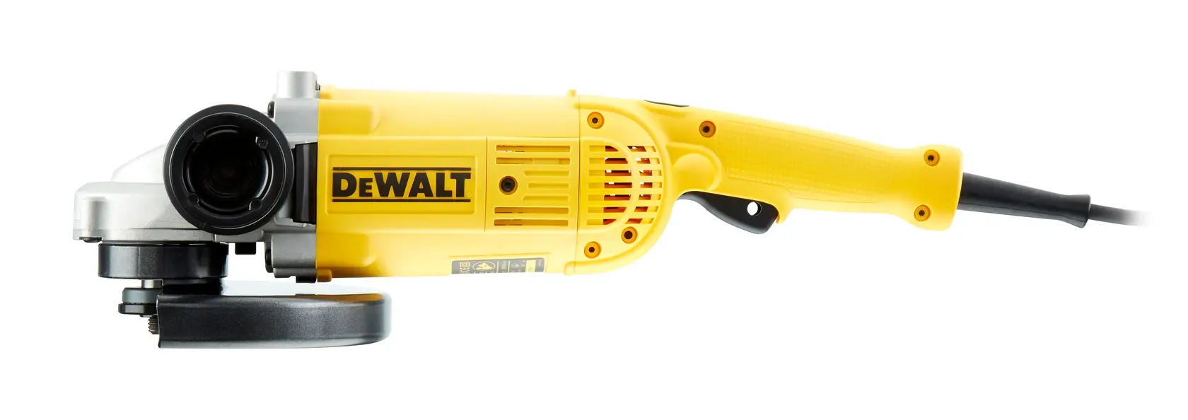 Yellow DEWALT angle grinder with side handle, power cable, and protective guard, shown on a white background.
