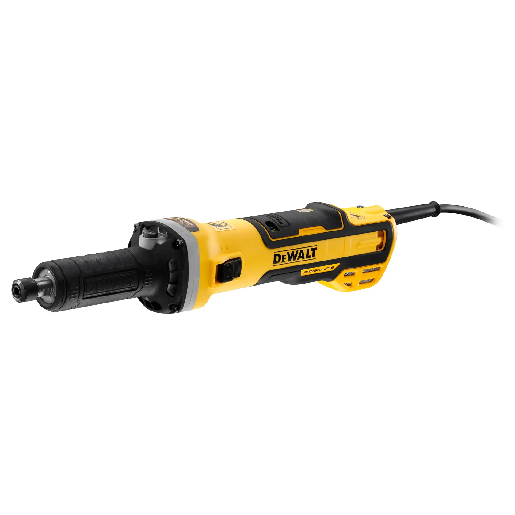 Photo of DEWALT DWE4997 yellow and black electric die grinder, side angle, power tool category.