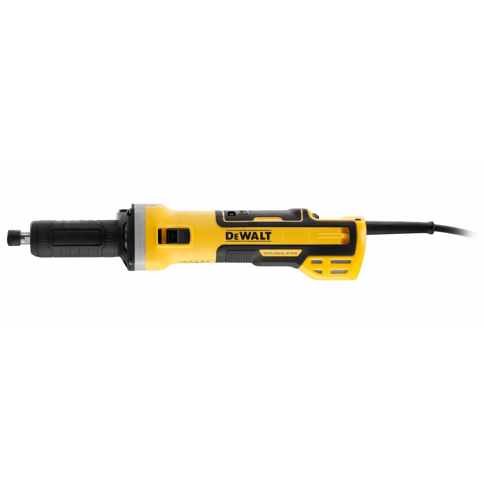 Side view photo of DEWALT DWE4997 yellow and black electric die grinder with cord on white background.