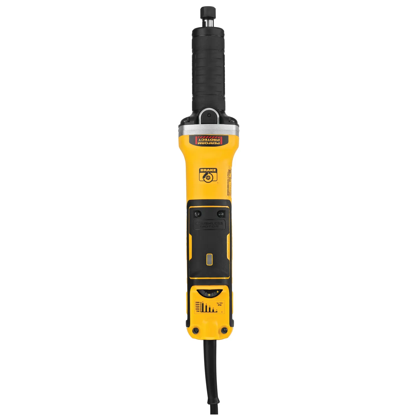 Photo of DEWALT DWE4997 yellow electric die grinder, front view with black grip and cord.