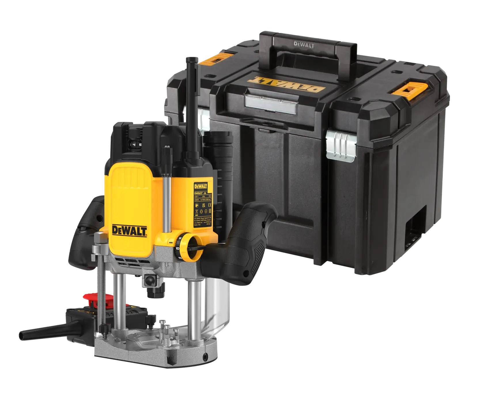 DEWALT router tool with two handles and a black storage case, suitable for woodworking and photography tasks.