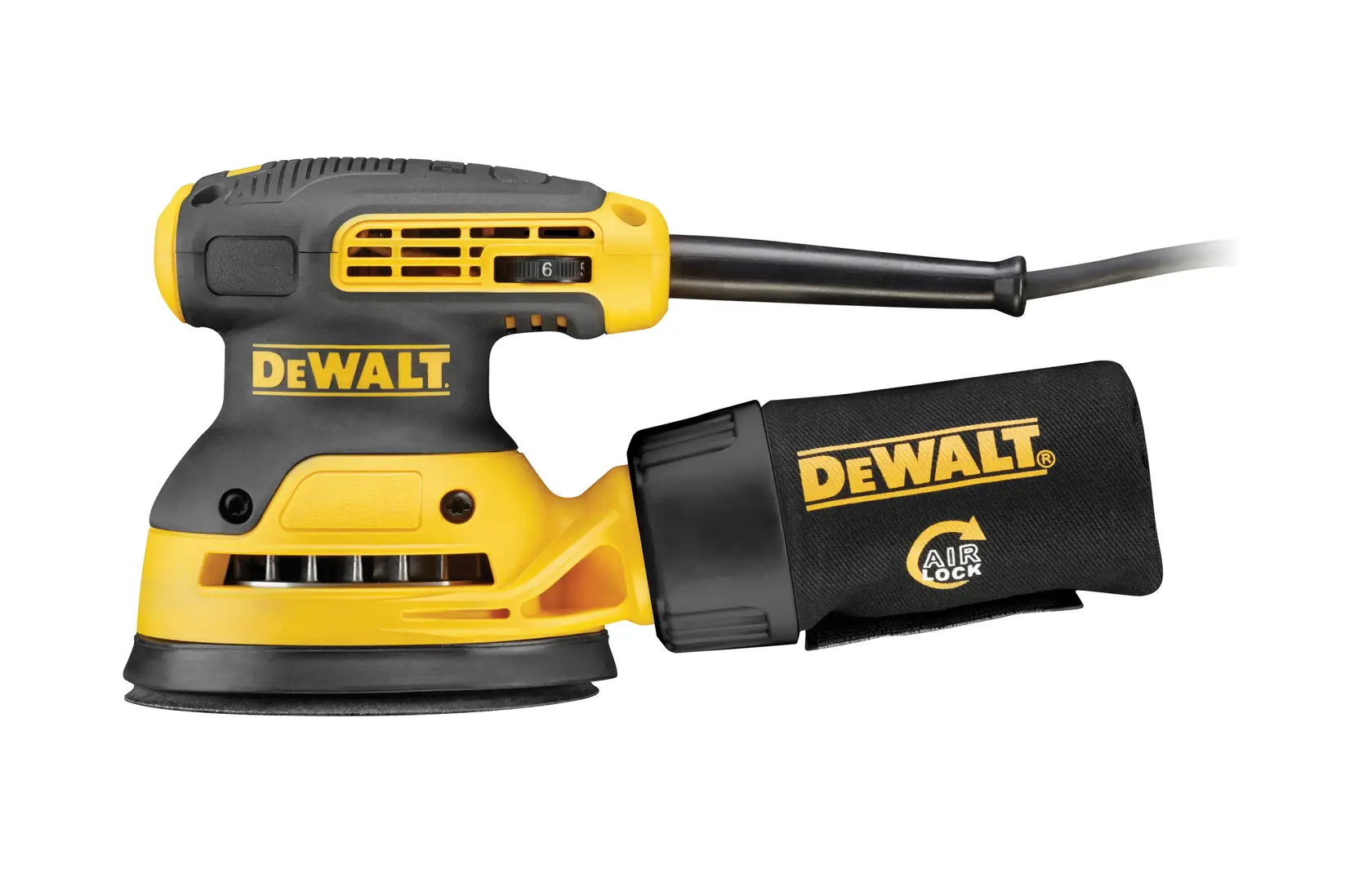 Photo of DEWALT DWE6423 yellow and black random orbital sander with dust bag, side angle on white background.