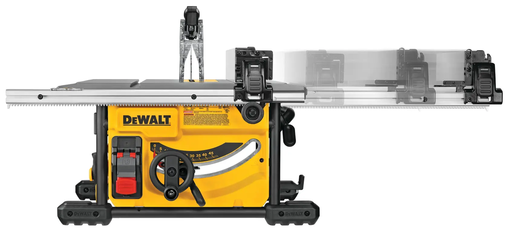 Photo of DEWALT table saw, yellow/black, SKUs DWE7485-GB, DWE7485-QS, DWE7485WS, DWE7485, side view.