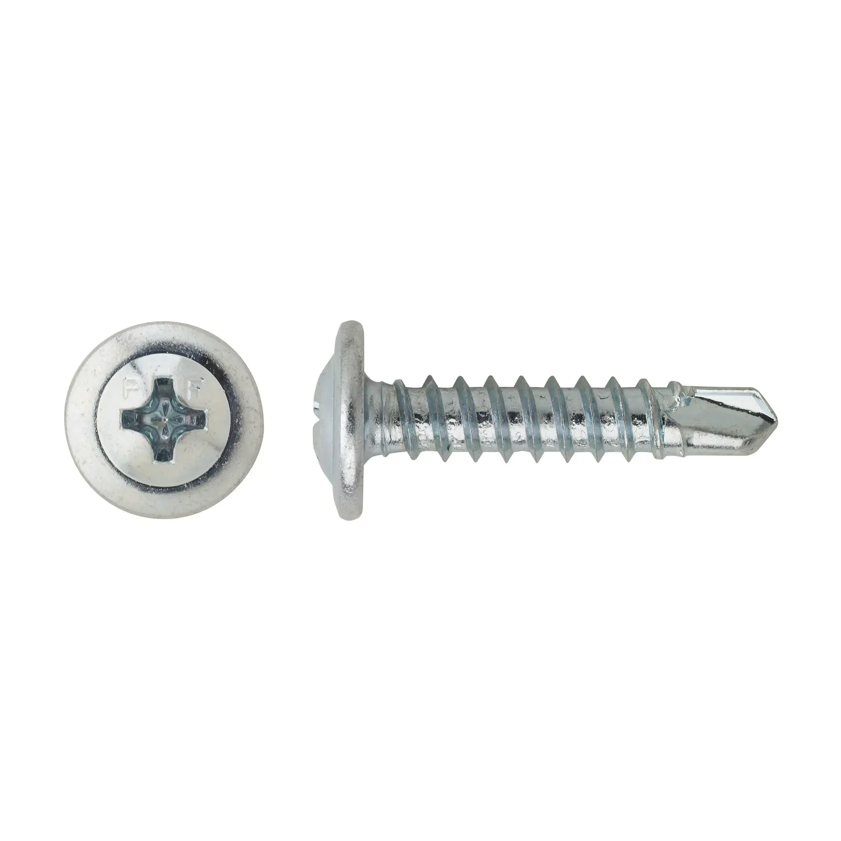 Close-up of a metal Phillips-head self-drilling screw shown from the top and side on a white background.
