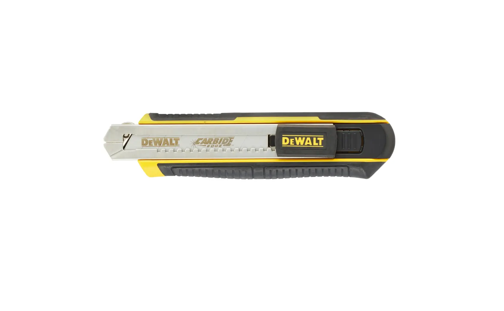 Retractable DEWALT utility knife with black and yellow handle and carbide blade, suitable for cutting tasks.
