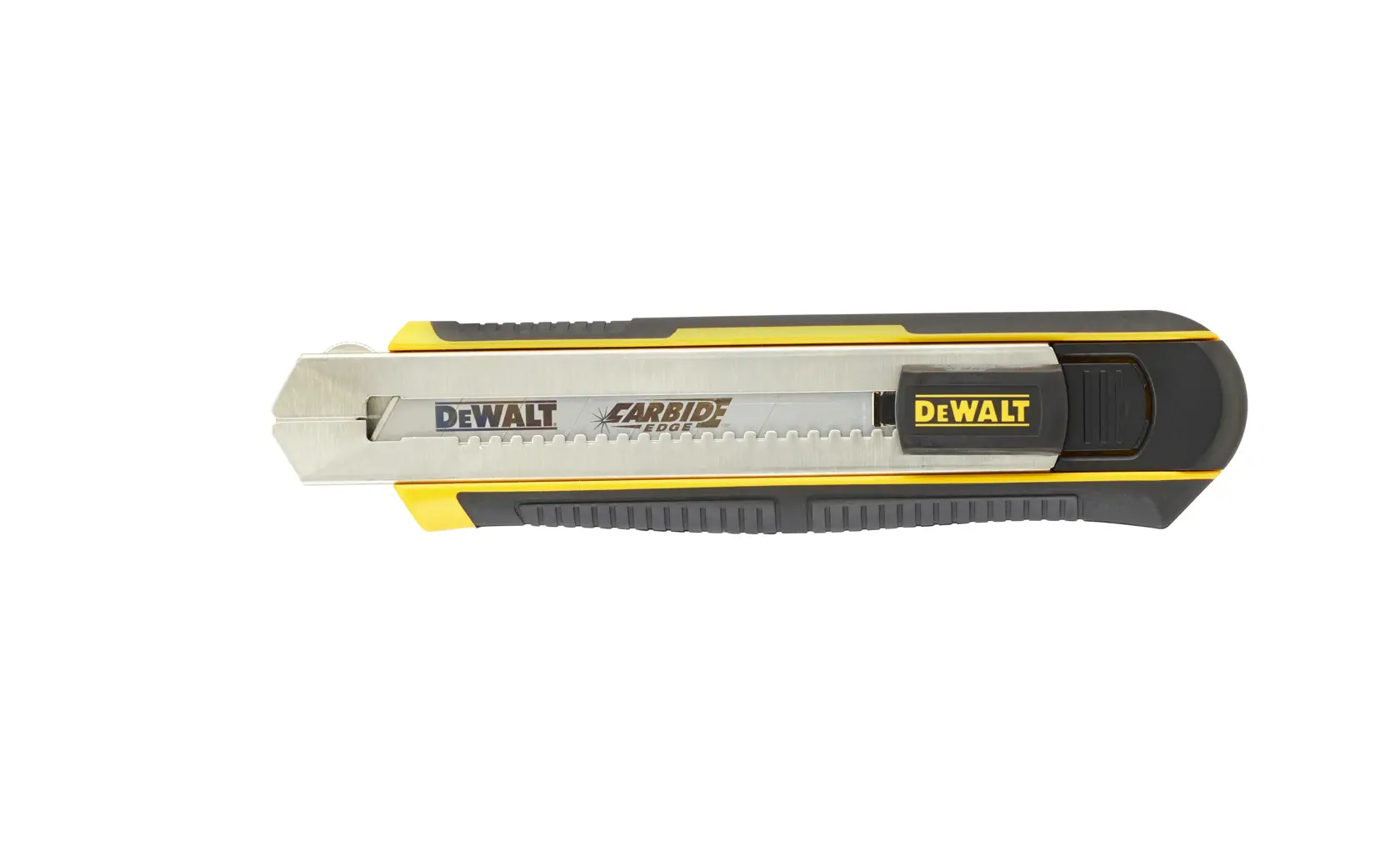 A DEWALT utility knife with a retractable carbide blade and a black and yellow handle.