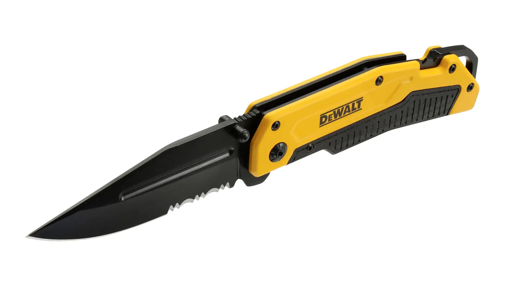 A DEWALT folding utility knife with a partially serrated black blade and a yellow and black handle, shown open against a white background.