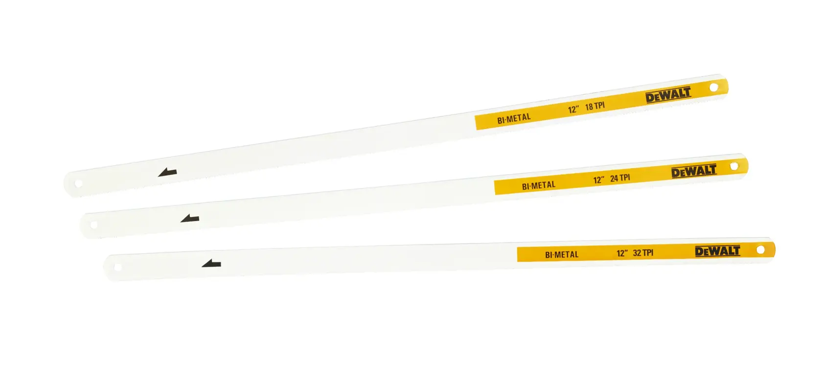 Three DEWALT bi-metal hacksaw blades with yellow ends, each marked with TPI and length, displayed side by side.